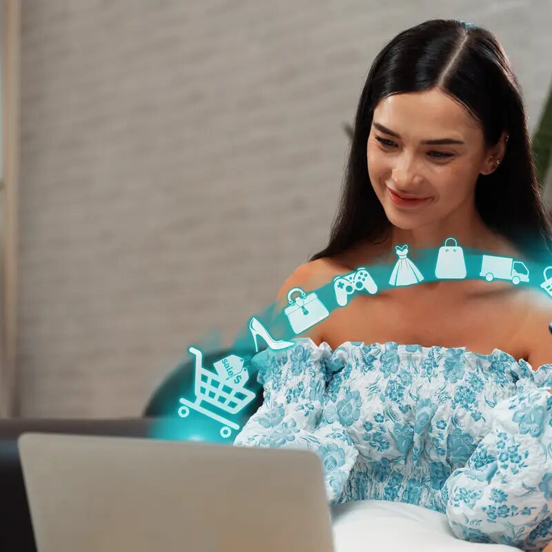 Customer wear blue dress control device open ecommerce application cybercash