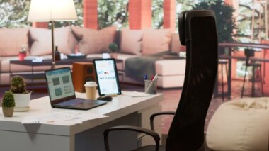 Empty modern home workstation of an entrepreneur with laptop and tablet
