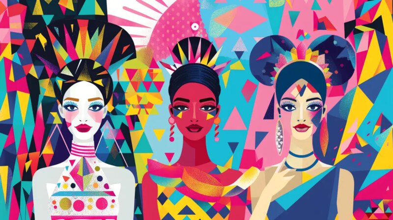 Three women wearing colorful headdresses and makeup against a bright geometric background