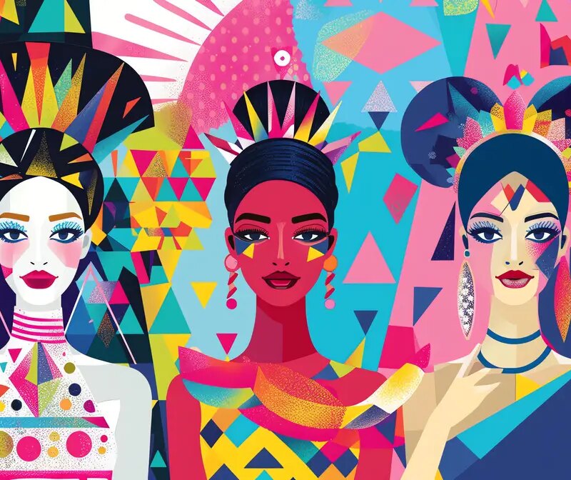 Three women wearing colorful headdresses and makeup against a bright geometric background