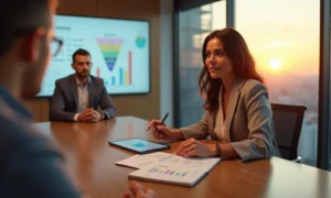 Mulher closer conduzindo fechamento de vendas em reunião estratégica