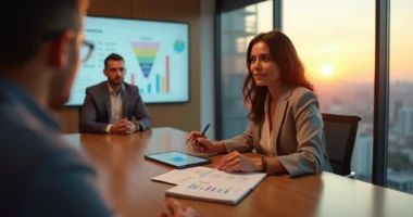 Mulher closer conduzindo fechamento de vendas em reunião estratégica