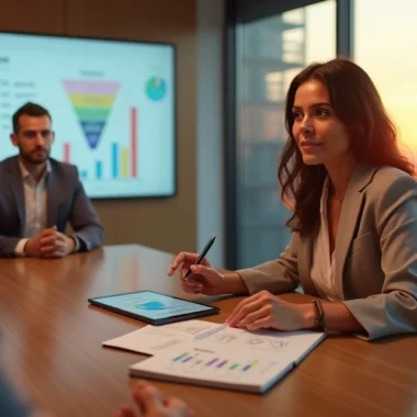 Mulher closer conduzindo fechamento de vendas em reunião estratégica