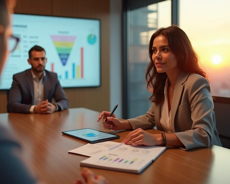 Mulher closer conduzindo fechamento de vendas em reunião estratégica