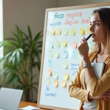 Closer revisando checklist mental de vendas diante de quadro branco colorido