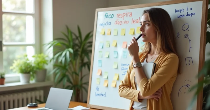 Closer revisando checklist mental de vendas diante de quadro branco colorido