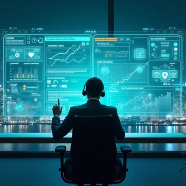 Closer digital analisando painel de compliance em ambiente tecnológico futurista