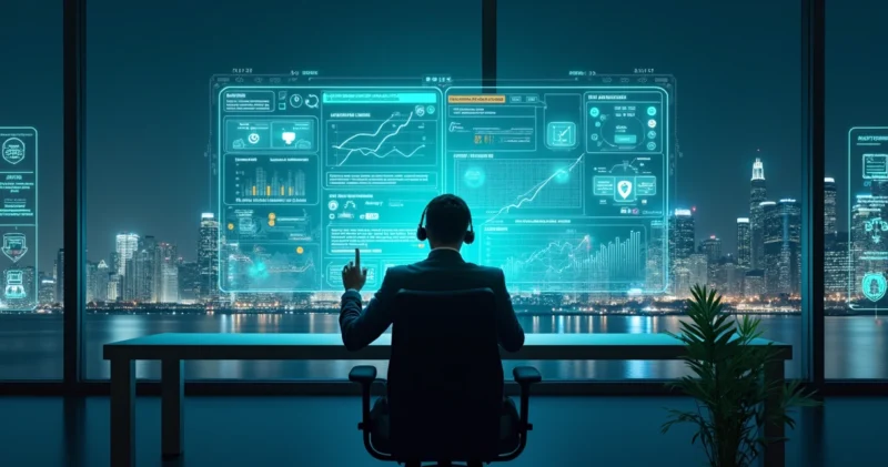 Closer digital analisando painel de compliance em ambiente tecnológico futurista