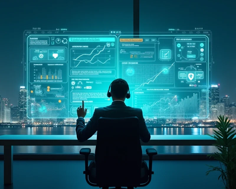 Closer digital analisando painel de compliance em ambiente tecnológico futurista