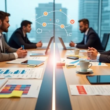 Mesa dividida comparando negociações de vendas B2B e B2C em ambiente corporativo