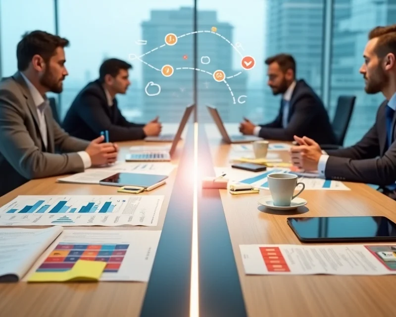 Mesa dividida comparando negociações de vendas B2B e B2C em ambiente corporativo