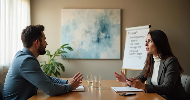 Profissional atento ouvindo cliente em reunião de vendas