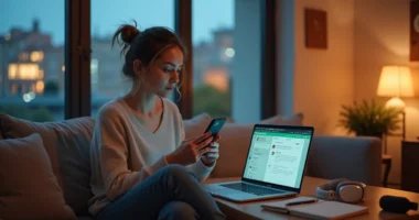 Mulher trabalhando como closer digital em ambiente remoto confortável