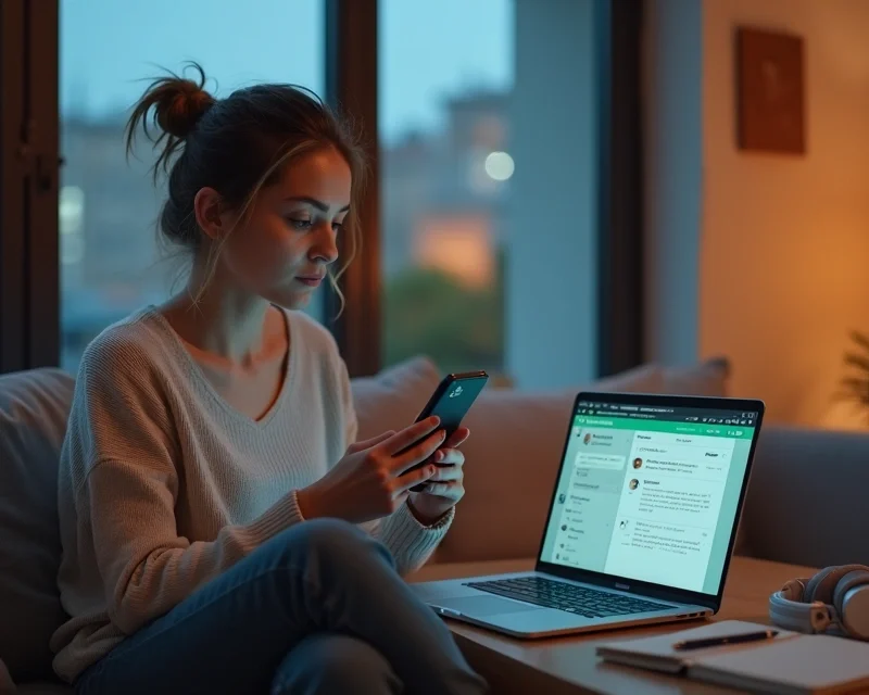 Mulher trabalhando como closer digital em ambiente remoto confortável