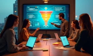 Equipe diversa de profissionais digitais analisando funil de vendas em uma tela gigante