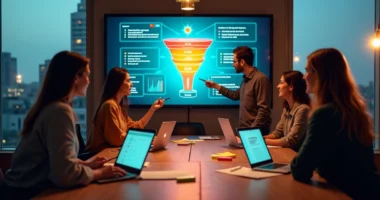 Equipe diversa de profissionais digitais analisando funil de vendas em uma tela gigante