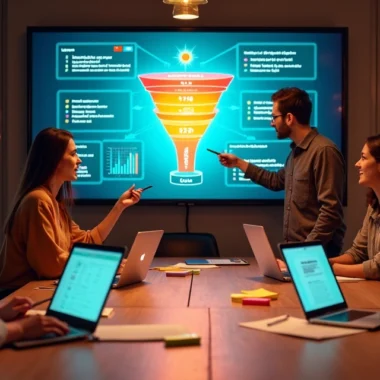 Equipe diversa de profissionais digitais analisando funil de vendas em uma tela gigante