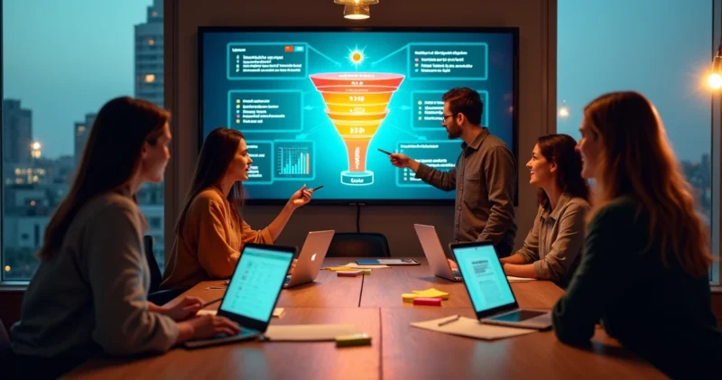 Equipe diversa de profissionais digitais analisando funil de vendas em uma tela gigante