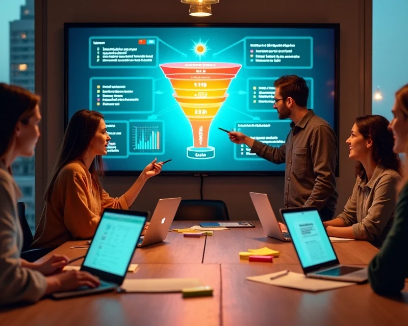 Equipe diversa de profissionais digitais analisando funil de vendas em uma tela gigante